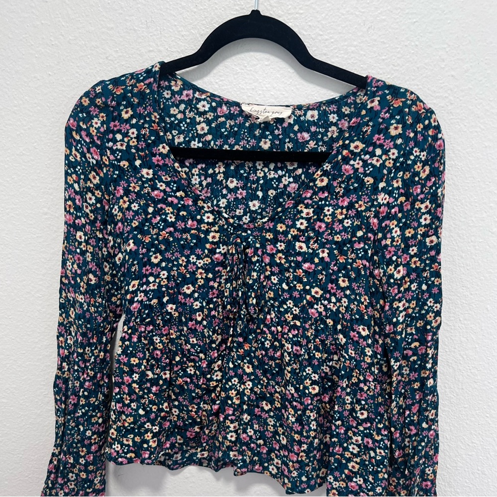 Kingston Gray Green Pink Floral Long Sleeve Blouse Size Small